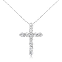 .925 Sterling Silver 1.0 Cttw Prong Set Round-Cut Diamond Cross 18" Pendant Necklace (I-J Color, I2-I3 Clarity)