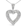 .925 Sterling Silver 1.00 Cttw Baguette and Round Diamond Open Heart Pendant Necklace