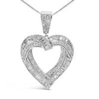 .925 Sterling Silver 1.00 Cttw Baguette and Round Diamond Open Heart Pendant Necklace