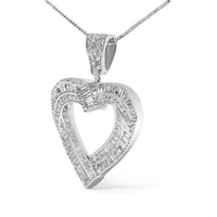 .925 Sterling Silver 1.00 Cttw Baguette and Round Diamond Open Heart Pendant Necklace