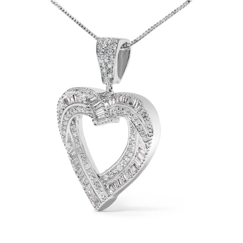 .925 Sterling Silver 1.00 Cttw Baguette and Round Diamond Open Heart Pendant Necklace
