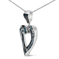 .925 Sterling Silver 1.00 Cttw Baguette and Round Blue Diamond Open Heart Pendant Necklace