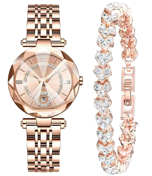 Women Watches with Bracelet Rose Gold for Lady Elegant Stainless Steel Strap Fashion Analog Creative Dial Wrist Watch (Rose Gold)