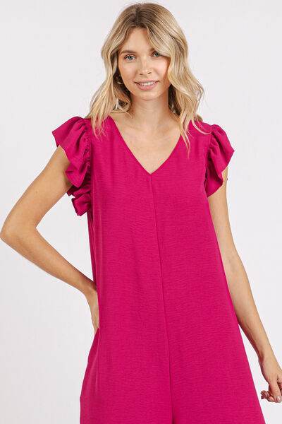 Mittoshop V-Neck Ruffled Cap Sleeve Jumpsuit - Wide Leg Design