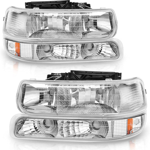 Autosaver88 Headlight Assembly Compatible With 9902 Chevy Silverado 1500 25000102 1500hd 2500hd 35000006 Tahoe Suburban 2500 Headlamp Bumper Lights Chrome Housing Amber Reflector