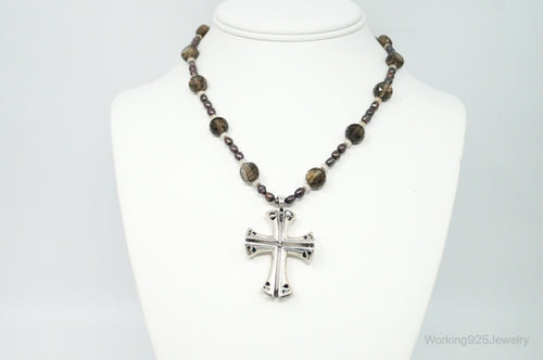 Designer Large Cross Smoky Topaz Pearl Sterling Silver Necklace