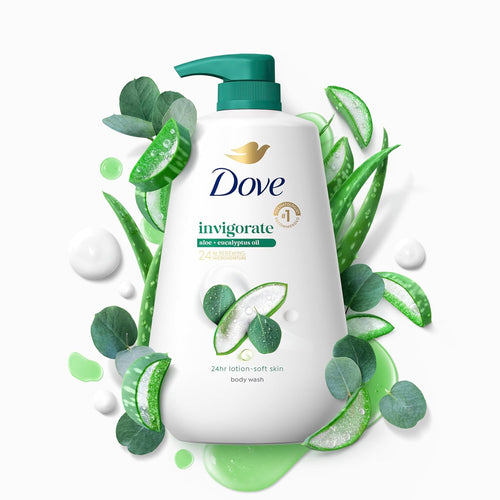 Dove Body Wash with Pump Invigorate Aloe & Eucalyptus For 24hr Lotion-Soft Skin Moisturizing Skin Cleanser with No Sulfates No Parabens 30.6 Oz