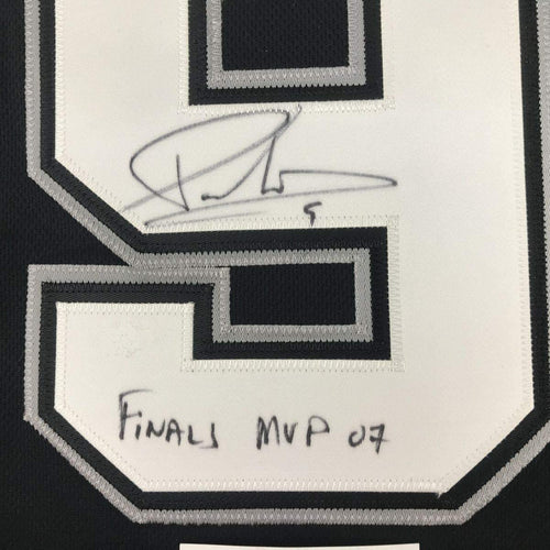 Framed Autographed/Signed Tony Parker Finals MVP 07 35x39 San Antonio Black Basketball Jersey JSA COA