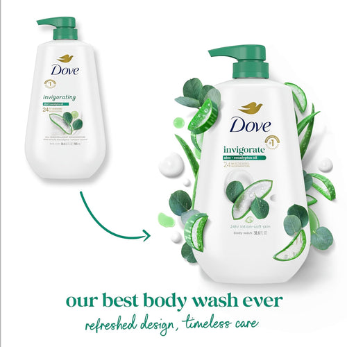 Dove Body Wash with Pump Invigorate Aloe & Eucalyptus For 24hr Lotion-Soft Skin Moisturizing Skin Cleanser with No Sulfates No Parabens 30.6 Oz