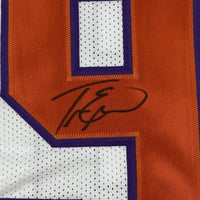 Framed Autographed/Signed Travis Etienne Jr. 35x39 Clemson White College Football Jersey Beckett BAS COA