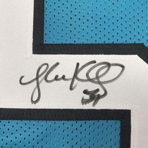 Framed Autographed/Signed Luke Kuechly 35x39 Carolina Blue Football Jersey JSA COA