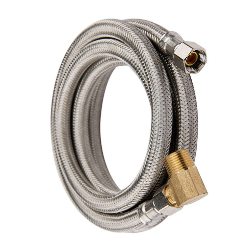4ft Dishwasher Hose, with attached 90 degree 3/8" comp x 3/8" MIP elbow, Premium Stainless Steel, Lead Free