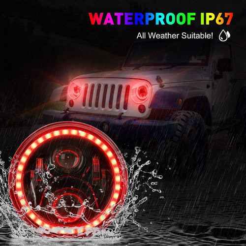1997-2018 Jeep Wrangler 7 Inch RGB Halo Headlights And Fog Lights Bluetooth Color Control Dot Kits For 19972018 Jk Jku Tj Ljw Ring Drl Amber Turn Signal hi/lo Beam Multicolor