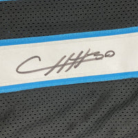 Framed Autographed/Signed Chuba Hubbard 35x39 Carolina Black Football Jersey Beckett BAS COA