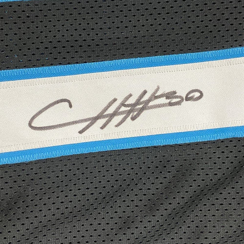 Framed Autographed/Signed Chuba Hubbard 35x39 Carolina Black Football Jersey Beckett BAS COA