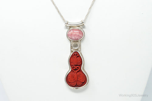 Designer SAJEN Cinnabar Rhodocrosite White Moonstone Sterling Silver Necklace