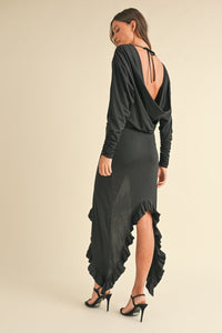 Backless Asymmetric Ruffle Hem Dress – Elegant Backless Dress, Asymmetric Dress, Ruffle Hem Dress, Sexy Evening Dress, Statement Dress For Special Occasions