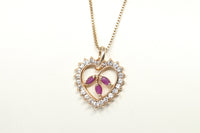 Vtg Ruby Simulated Heart Accented Rose Gold Vermeil Sterling Silver Necklace 18"
