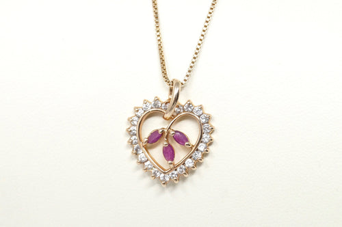 Vtg Ruby Simulated Heart Accented Rose Gold Vermeil Sterling Silver Necklace 18"