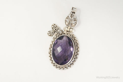 Large Amethyst Butterfly Bali Sterling Silver Necklace Pendant