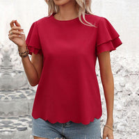Lotus Blossom Ruffle Top - Stylish Red Double-layer Lotus Leaf Sleeve Blouse