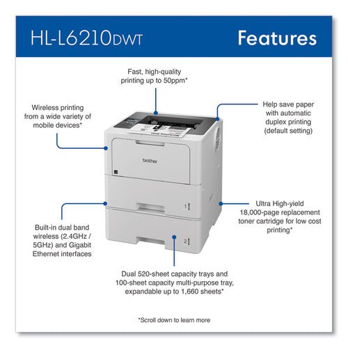 Brother HL-L6210DWT Business Monochrome Laser Printer with Dual Paper Trays