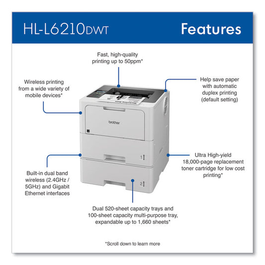 Brother HL-L6210DWT Business Monochrome Laser Printer with Dual Paper Trays