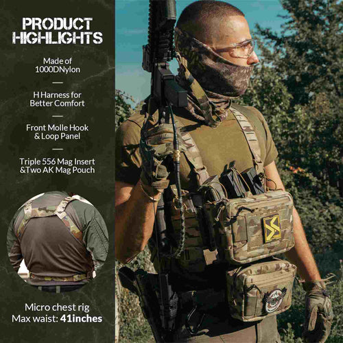 Votagoo Tactical Chest Rig，Molle Modular Micro Fight Chest Rigs Adjustable&Detachable with 5.56/7.62 Magazine Pouch