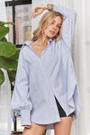 ADORA High-Low Striped Button Down Smocked Lantern Sleeve Shirt