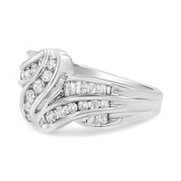 10K White Gold Ring 3/4 Cttw Round and Baguette-Cut Diamond Bypass Ring (H-I Color, I2-I3 Clarity) - Size 6