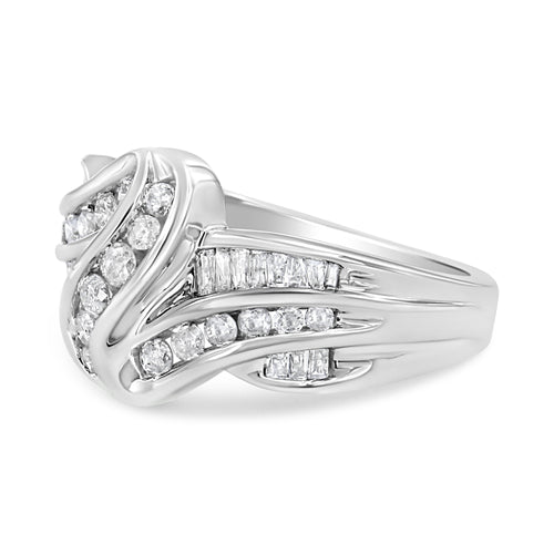 10K White Gold Ring 3/4 Cttw Round and Baguette-Cut Diamond Bypass Ring (H-I Color, I2-I3 Clarity) - Size 6