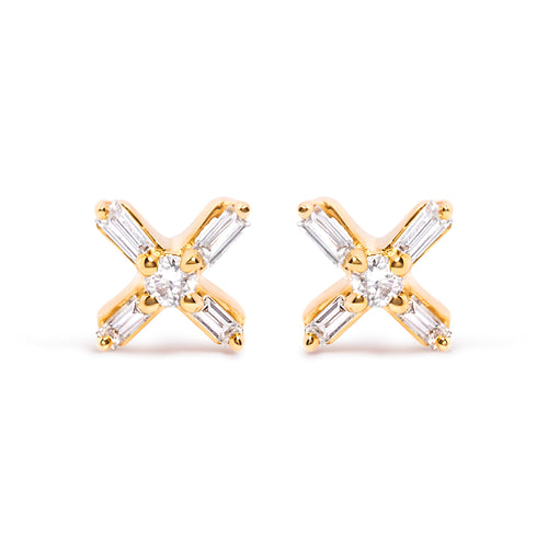 10K Yellow Gold 1/10 Cttw Round and Baguette Diamond Criss Cross X Stud Earring (H-I Color, I1-I2 Clarity)