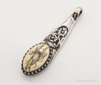 Antique Hand Painted Flower Faux Bone Sterling Silver Pendant