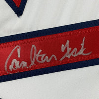 Framed Autographed/Signed Carlton Fisk 35x39 Boston White Baseball Jersey JSA COA
