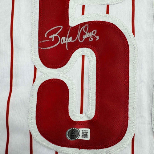 Framed Autographed/Signed Bobby Abreu 35x39 Philadelphia Pinstripe Baseball Jersey Beckett BAS COA