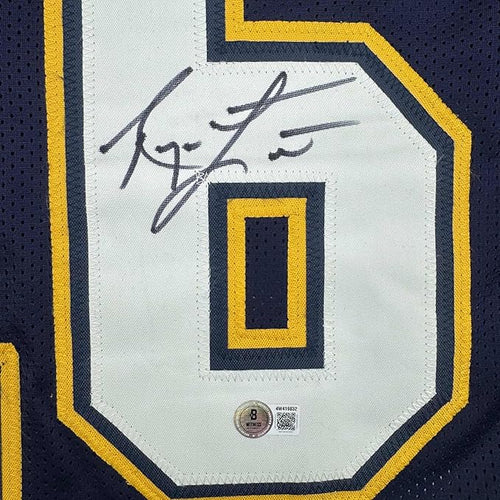 Framed Autographed/Signed Ryan Leaf 35x39 San Diego Dark Blue Football Jersey Beckett BAS COA