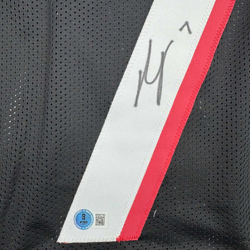 Framed Autographed/Signed Bijan Robinson 35x39 Atlanta Black Football Jersey Beckett BAS COA