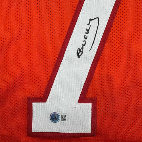 Framed Autographed/Signed Bucky Irving 35x39 Tampa Bay Orange Creamsicle Retro Throwback Football Jersey Beckett BAS COA