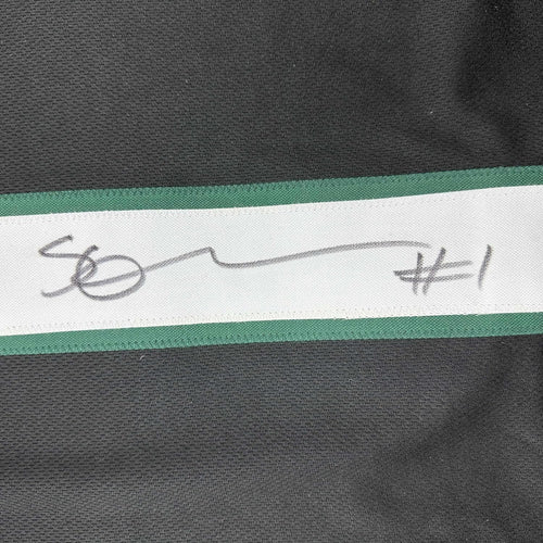 Framed Autographed/Signed Ahmad Sauce Gardner 35x39 New York Black Football Jersey Beckett BAS COA