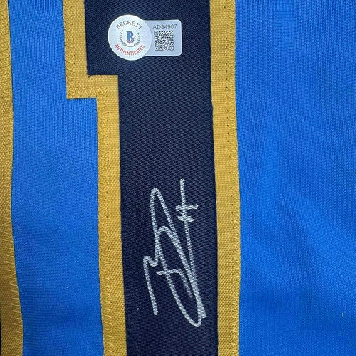 Framed Autographed/Signed Jackson Chourio 35x39 Milwaukee Blue Baseball Jersey Beckett BAS COA