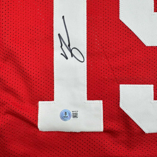 Framed Autographed/Signed Michael Crabtree 35x39 San Francisco Red Football Jersey Beckett BAS COA