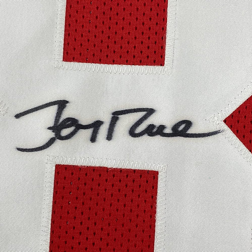 Framed Autographed/Signed Jerry Rice 35x39 San Francisco Red Football Jersey JSA COA