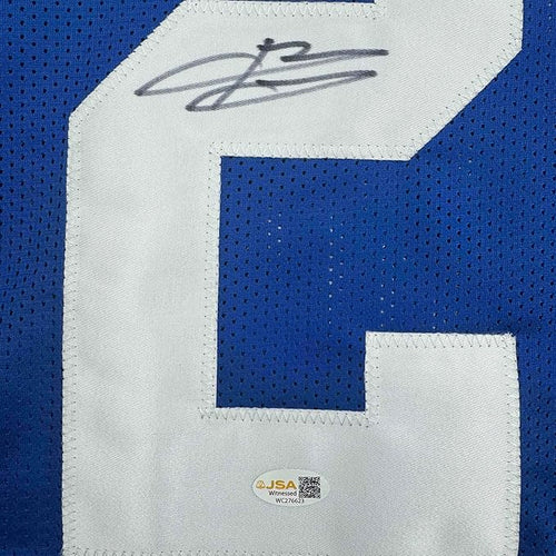 Framed Autographed/Signed Brandon Jacobs 35x39 New York Blue Football Jersey Beckett BAS COA