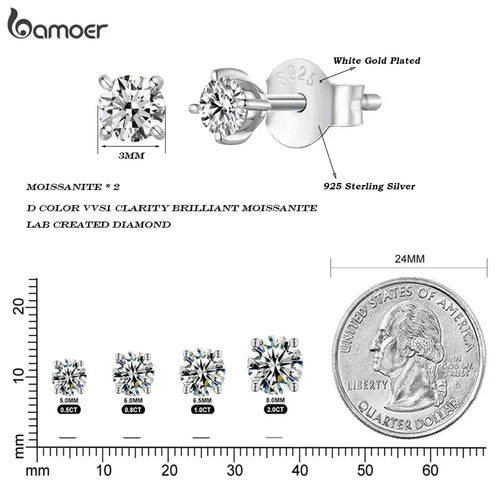 925 Sterling Silver Moissanite Stud Earrings VVS1 Lab Diamond Gift Unisex Party
