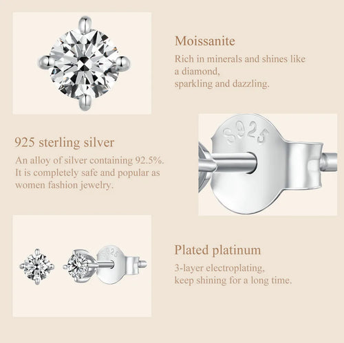 925 Sterling Silver Moissanite Stud Earrings VVS1 Lab Diamond Gift Unisex Party