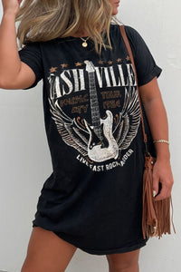 Black Graphic Round Neck Short Sleeve Tee Dress Trendy Casual T-Shirt Dress for Women