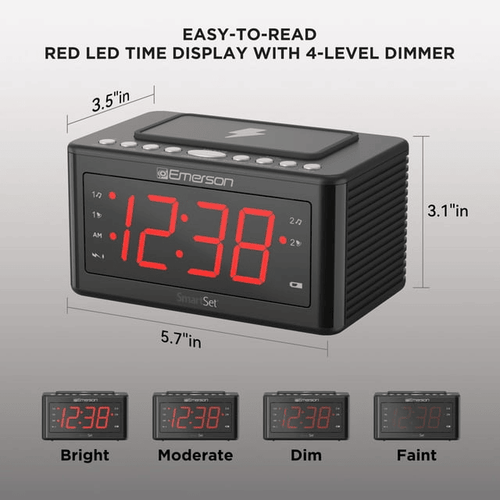 Emerson SmartSet Wireless Charging, Dual Alarm Clock Radio, 1.4' Red LED Display, Temperature Sensor, CKSW0555 EasyOptionXY LLC