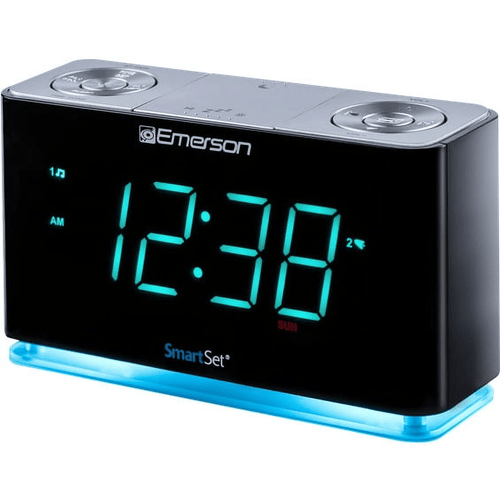 Emerson SmartSet Alarm Clock Radio with Bluetooth Speaker, USB Charger for iPhone and Android, Night Light, and Cyan LED Display EasyOptionXY LLC