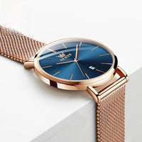 Women's Mesh Strap Watch Slim Quartz Date Luminous Steel