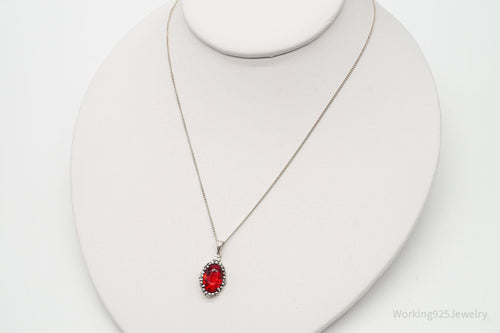 Antique Ruby Color Glass Floral Design 835 Silver Necklace
